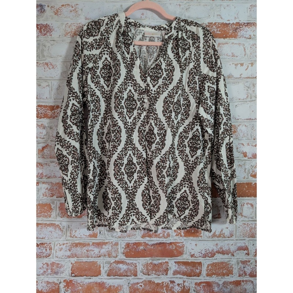 Belle by Kim Gravel Blouse Womens Medium Brown Damask Leopard Metallic Top